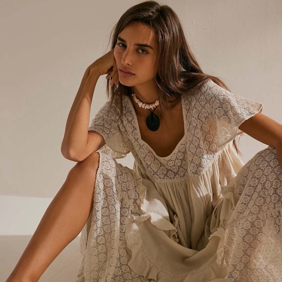 FREE PEOPLE Bring The Romance Handkerchief Hem Maxi Dress in Harbor Fog sz M - Picture 2 of 12